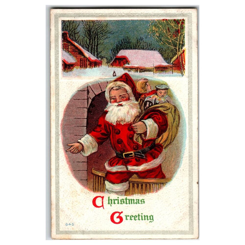 Vintage Santa Claus Christmas Postcard Embossed Chimney 1910 Good Thunder MN